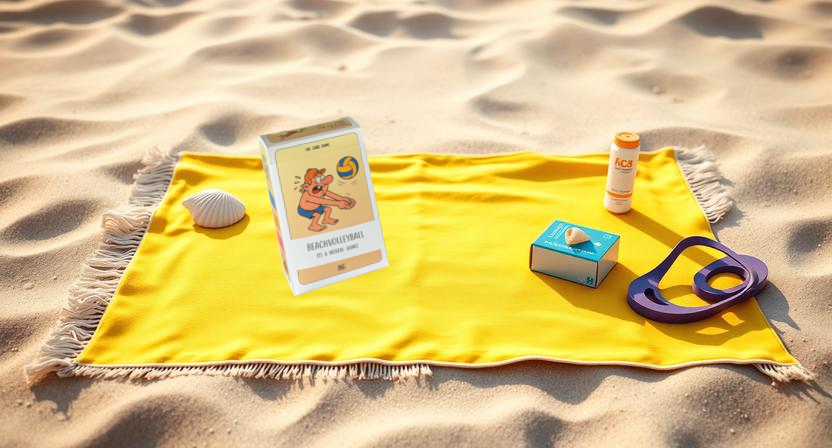 Friends playing Beachvolleyball card game on the beach in the sand