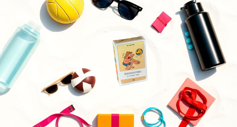 Gift ideas for beach volleyball players on a towel in the sand