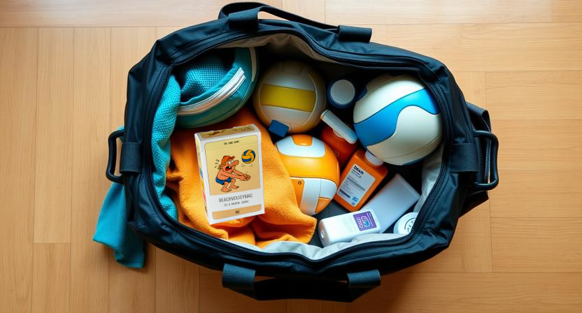 Beach volleyball camp packing list items laid out on a towel