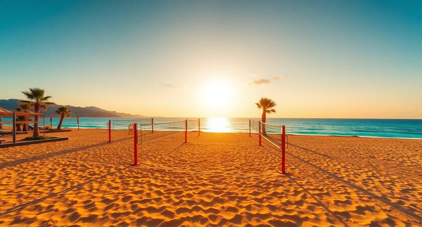 Beach volleyball courts at a European beach spot during sunset