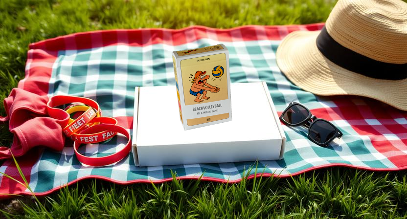 Beachvolleyball card game on a festival camping table